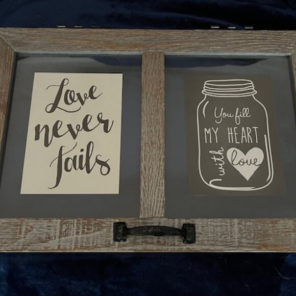 Rustic Wooden & glass frame w 'Love never fails' & 'You fill my heart with love' - Picture 1 of 3
